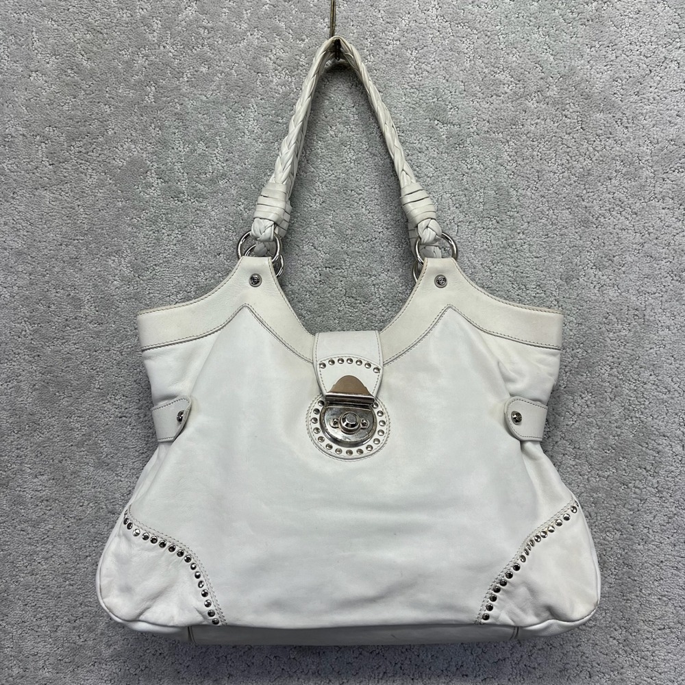 Francesco Biasia Hobo Bag White Genuine Leather Studded Braided Handles Y2K Boho